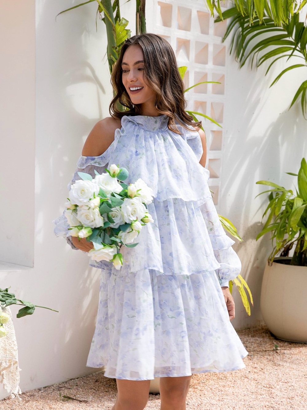 Lavender Floral Cold-Shoulder Tiered Dress with Bow neckline